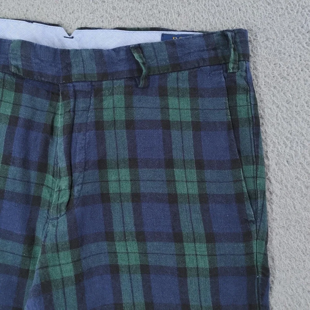 Polo Ralph Lauren Shorts Mens 30 Blue Green Plaid Linen Slim Fit Chino Casual
